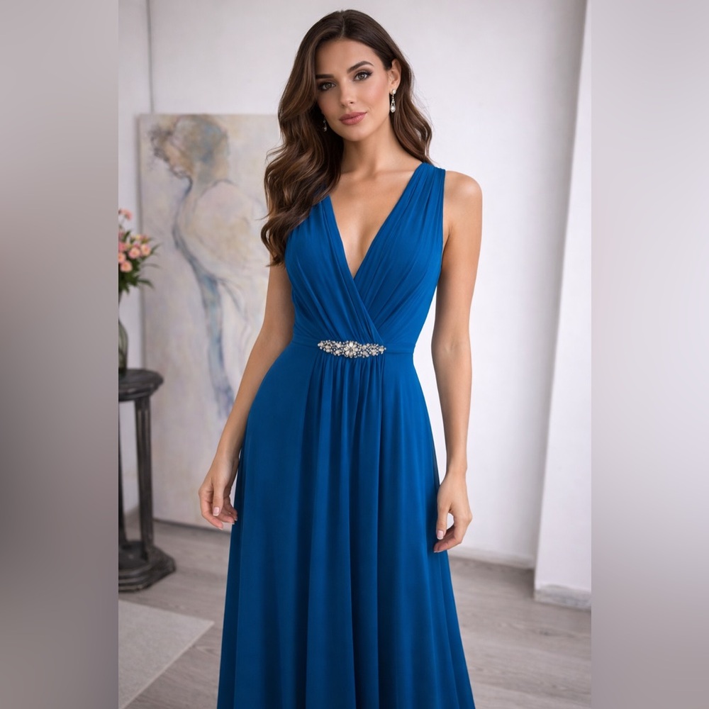 Eliza J Teal V-Neck Prom Dress